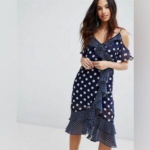 boohoo Cold Shoulder Mix Print Ruffle Midi Dress - Navy/White (US 4)